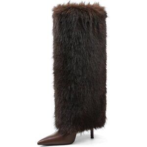 Women's Brown Kalstage Fur Knee High Heeled Wide Calf Party Fashion Boots